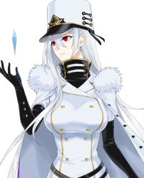 Rule 34 | 1girl, absurdres, azur lane, black gloves, breasts, buttons, cape, coat, coat dress, commentary, double-breasted, english commentary, fur-trimmed cape, fur-trimmed coat, fur trim, gem, gloves, hair between eyes, hat, high collar, highres, jacket, jacket on shoulders, large breasts, looking to the side, military, military hat, military uniform, mole, mole under eye, parted lips, red eyes, solo, sovetskaya rossiya (azur lane), suprii, uniform, white coat, white hat