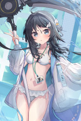 Rule 34 | 1girl, :o, absurdres, arknights, between legs, between thighs, bikini, bikini under clothes, black hair, blush, breasts, collarbone, commentary, frilled bikini, frills, hair bun, hand up, highres, holding, holding scythe, jacket, la pluma (arknights), la pluma (summer flowers) (arknights), long hair, long sleeves, looking at viewer, nalphanne, navel, open clothes, open jacket, parted lips, puffy long sleeves, puffy sleeves, scythe, single side bun, small breasts, solo, swimsuit, v, white bikini, white jacket