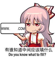 Rule 34 | 1girl, bilingual, bow, chinese text, english text, engrish text, fujiwara no mokou, hair bow, jokanhiyou, long hair, looking at viewer, lowres, meme, mixed-language text, multi-tied hair, ranguage, red eyes, shirt, simple background, smile, smirk, smug, solo, suspenders, touhou, translated, white background, white hair