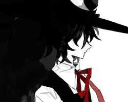 Rule 34 | 1other, black background, black coat, black hair, black hat, bow, bowtie, chinese commentary, closed mouth, coat, collared shirt, commentary request, enraku tsubakura, eye of senri, from side, frown, hat, len&#039;en, monochrome, no eyes, other focus, red bow, red bowtie, shirt, short hair, sleeveless, sleeveless coat, solo, spot color, tiankong yiji, top hat, two-tone background, upper body, white background, white shirt, wide brim