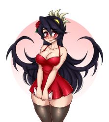 Rule 34 | 1girl, bare shoulders, black hair, blush, box, breasts, cleavage, collarbone, dojipan, dress, filia (skullgirls), flower, gift, gift box, hair flower, hair ornament, large breasts, long hair, red dress, red eyes, samson (skullgirls), sharp teeth, skullgirls, solo, teeth, thick thighs, thighhighs, thighs, valentine, very long hair, yellow eyes