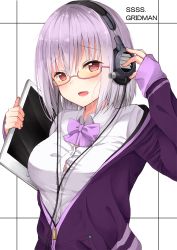 Rule 34 | 10s, 1girl, :d, arm up, bad id, bad nicoseiga id, blush, bow, bowtie, breasts, collared shirt, commentary request, copyright name, dress shirt, glasses, gridman universe, hair between eyes, hand up, headphones, highres, holding, ipad, jacket, light purple hair, long sleeves, medium breasts, medium hair, off shoulder, open clothes, open jacket, open mouth, partially unzipped, pink-framed eyewear, purple bow, purple bowtie, purple jacket, red eyes, school uniform, semi-rimless eyewear, shinjou akane, shirt, sleeves past wrists, smile, solo, ssss.gridman, tablet pc, two-tone background, under-rim eyewear, white background, white shirt, wing collar, yuzuzukushi, zipper, zipper pull tab