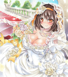 Rule 34 | 1girl, artist name, at classics, bare shoulders, blush, bouquet, breasts, bridal veil, brown eyes, brown hair, cleavage, closed mouth, dress, elbow gloves, flower, gloves, hair between eyes, hair flower, hair ornament, hairband, jewelry, large breasts, looking at viewer, necklace, pearl necklace, rose, sample watermark, short hair, smile, solo, stairs, suzumiya haruhi, suzumiya haruhi no yuuutsu, traditional media, veil, watermark, wedding dress, white gloves