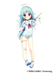 Rule 34 | 1girl, bandaid, bandaid on knee, bandaid on leg, bare shoulders, blue hair, blush, bow, cameltoe, closed mouth, commentary request, copyright notice, covered navel, detached wings, dmm, dmm games, full body, hair bow, halo, hanamiya natsuka, hands up, holding, holding stick, long hair, low-tied long hair, mini wings, official art, old school swimsuit, one-piece swimsuit, purple eyes, red bow, school swimsuit, shoes, simple background, smile, socks, solo, stick, swimsuit, thigh strap, very long hair, watermark, white background, white footwear, white one-piece swimsuit, white socks, wings