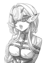 Rule 34 | 1girl, blindfold, bound, bound arms, breasts, greyscale, highres, horns, large breasts, leon v, long braid, long hair, monochrome, open mouth, original, pointy ears, simple background, sketch, solo, straitjacket, teeth, upper body