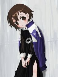 Rule 34 | 1girl, absurdres, against wall, black dress, blush stickers, brown eyes, brown hair, closed mouth, dress, gishiki (gshk), highres, jacket, jacket on shoulders, kill me baby, long sleeves, looking at viewer, open clothes, open jacket, oribe yasuna, side slit, smile, solo