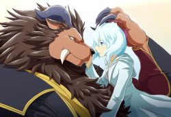 Rule 34 | 1boy, 1girl, aqua hair, blue eyes, brown hair, claws, closed mouth, dress, furry, furry male, furry with non-furry, haikiba ken&#039;ichi, hair between eyes, hand on another&#039;s head, highres, hood, hood down, horns, interspecies, leonhart (niehime), niehime to kemono no ou, red eyes, sariphi, smile, tusks
