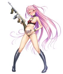 Rule 34 | 1girl, :3, alternate costume, bare legs, bare shoulders, boots, breasts, cleavage, collar, collarbone, corruption, demon girl, felicia (taimanin kurenai), female focus, fingernails, full body, highres, holding, holding weapon, lilith-soft, long hair, looking at viewer, micro panties, navel, nipples, official alternate costume, one breast out, panties, pantyhose, pink hair, pointy ears, pubic tattoo, red eyes, shiny skin, small breasts, smile, standing, stomach bulge, taimanin (series), taimanin kurenai, taimanin rpgx, tattoo, thighs, thong, torn clothes, two side up, underwear, very long hair, weapon, white background, wide hips, zol