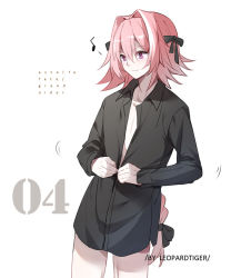 Rule 34 | 1boy, artist name, astolfo (fate), bishounen, black bow, black ribbon, black shirt, blush, bow, braid, buttoning, copyright name, fang, fate/apocrypha, fate (series), from side, hair intakes, hair ribbon, leopardtiger, long braid, long hair, male focus, motion lines, multicolored hair, musical note, no pants, numbered, pink hair, purple eyes, ribbon, shirt, simple background, single braid, skin fang, solo, streaked hair, white background