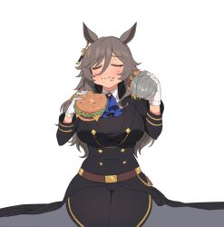 Rule 34 | 1girl, :i, animal ears, ascot, belt, black coat, blue ascot, brown belt, brown hair, burger, buttons, closed eyes, coat, commentary, cowboy shot, double-breasted, earrings, eating, food, food on face, fukuro (maruaru00), gloves, hair between eyes, highres, holding, holding burger, holding food, horse ears, horse girl, jewelry, long hair, long sleeves, military uniform, naval uniform, perry steam (umamusume), single earring, solo, thick thighs, thighs, umamusume, umamusume: beginning of a new era, uniform, white background, white gloves