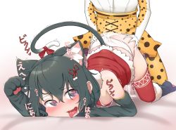 Rule 34 | 2girls, aftersex, animal ears, animal hands, black eyes, black hair, blush, cat ears, cat tail, chis (js60216), clothing aside, cum, cum in pussy, dress, drooling, elbow gloves, futanari, gloves, gradient background, hair ornament, heart, heart-shaped pupils, highres, kaban (kemono friends), kemono friends, multiple girls, open mouth, panties, panties aside, paw gloves, paw shoes, serval (kemono friends), serval print, symbol-shaped pupils, tail, tears, thighhighs, tongue, tongue out, top-down bottom-up, underwear, unusual pupils