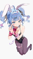 Rule 34 | 1girl, ahoge, black leotard, black pantyhose, black ribbon, blue eyes, blue hair, bow, bowtie, breasts, cuffs, detached collar, full body, grin, hair ribbon, hairband, hatsune miku, heart, heart-shaped pupils, highres, karasu btk, leotard, pantyhose, playboy bunny, pure pure (rabbit hole), rabbit hole (vocaloid), red bow, red bowtie, ribbon, simple background, small breasts, smile, solo, symbol-shaped pupils, teardrop facial mark, twintails, white background, white hairband