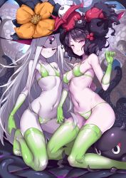 Rule 34 | 2girls, abigail williams (fate), abigail williams (third ascension) (fate), absurdres, bikini, black hair, breasts, covered erect nipples, eyes visible through hair, fate (series), florence nightingale (fate), florence nightingale (trick or treatment) (fate), gloves, highres, katsushika hokusai (fate), katsushika hokusai (third ascension) (fate), looking at viewer, multiple girls, navel, official alternate costume, pale skin, purple eyes, see-through, serious, shanyao jiang tororo, silver hair, small breasts, smile, stomach, swimsuit, thighhighs
