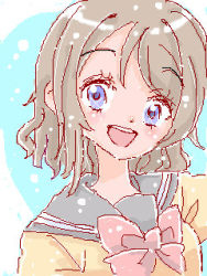 Rule 34 | 1girl, aqua eyes, artist name, artist request, blue eyes, blush, bow, bowtie, breasts, brown hair, buttons, collarbone, collared shirt, female focus, grey hair, grey sailor collar, hair between eyes, light brown hair, long sleeves, looking at viewer, love live!, love live! sunshine!!, lowres, parted lips, red bow, red bowtie, sailor collar, school uniform, shirt, short hair, smile, solo, upper body, uranohoshi school uniform, watanabe you, white shirt