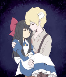 Rule 34 | 1boy, 1girl, apron, aya drevis, bandages, bandages over eyes, black hair, blonde hair, blood, blood on clothes, boots, bow, brown eyes, carrying, dio (mad father), dress, closed eyes, jewelry, long hair, mad father, pendant, princess carry, ribbon, seeen, shirt, short hair, sleeping, suspenders