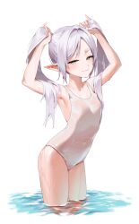 1girl absurdres alternate_costume armpits arms_up bunching_hair cowboy_shot earrings elf flat_chest frieren green_eyes grey_hair half-closed_eyes highres holding holding_own_hair jewelry legs_together long_hair long_pointy_ears looking_at_viewer old_school_swimsuit one-piece_swimsuit parted_bangs parted_lips pointy_ears school_swimsuit short_eyebrows simple_background smile solo sousou_no_frieren standing swimsuit teeth thick_eyebrows twintails wading water water_drop wet wet_clothes wet_swimsuit white_background white_one-piece_swimsuit yohwa