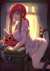 Rule 34 | 1girl, ass, bad id, bad pixiv id, bare legs, blue nails, braid, braided ponytail, breasts, chainsaw, chainsaw man, chair, closed mouth, collared shirt, curtains, foot out of frame, from side, highres, indoors, large breasts, long hair, looking at viewer, makima (chainsaw man), nail polish, no pants, pao mian+dan, pochita (chainsaw man), red hair, ruler, scissors, shirt, short sleeves, smile, solo, thighs, white shirt, window, yellow eyes