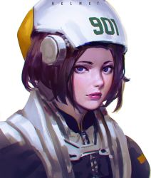 Rule 34 | 1girl, blue eyes, brown hair, commentary, guweiz, helmet, jacket, looking at viewer, original, parted lips, pink lips, short hair, simple background, sketch, solo, upper body, white background