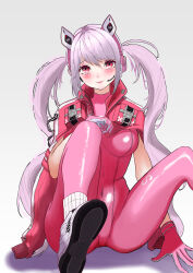 Rule 34 | 1girl, absurdres, alice (nikke), animal ear headphones, animal ears, bare arms, blush, bodysuit, breasts, closed mouth, dot nose, fake animal ears, gloves, goddess of victory: nikke, gradient background, grey background, headphones, headset, highres, jacket, jacket on shoulders, latex, latex bodysuit, long hair, looking at viewer, medium breasts, pink bodysuit, pink gloves, pink hair, pink headphones, raised eyebrows, ramuneogura, red eyes, red jacket, shadow, shiny clothes, shoes, simple background, sitting, skin tight, smile, sneakers, socks, solo, spread legs, twintails, unworn jacket, white background, white socks