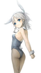 Rule 34 | 1girl, animal ears, ass, bare shoulders, blue eyes, braid, rabbit ears, rabbit tail, playboy bunny, detached collar, female focus, from behind, own hands clasped, highres, izayoi sakuya, looking back, md5 mismatch, own hands together, pantyhose, short hair, silver hair, smile, solo, tail, touhou, twin braids, usisan, wrist cuffs