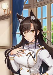 Rule 34 | 1girl, animal ears, atago (azur lane), azur lane, black hair, blue sky, breasts, brown eyes, closed mouth, commentary request, curtains, day, epaulettes, extra ears, hair ribbon, hand on own chest, high collar, highres, indoors, lamp, large breasts, long hair, military, military uniform, mole, mole under eye, nekkusu (nex 06), ribbon, sky, solo, swept bangs, tree, uniform, upper body, wall, white ribbon, window