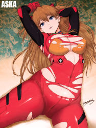 Rule 34 | 1girl, arms behind head, arms up, blue eyes, blush, bodysuit, breasts, brown hair, character name, hair between eyes, hair ornament, interface headset, large breasts, lips, long hair, looking at viewer, lying, neon genesis evangelion, niwatori kokezou, open mouth, orange hair, parted lips, plugsuit, red bodysuit, shiny clothes, shiny skin, smile, solo, souryuu asuka langley, spread legs, torn bodysuit, torn clothes, very long hair