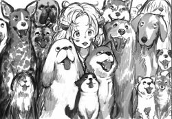 Rule 34 | 1girl, :3, :d, blush stickers, bosako (haguhagu), dog, dog request, greyscale, haguhagu (rinjuu circus), highres, horns, long hair, messy hair, monochrome, multiple dogs, open mouth, original, smile, solo, too many, too many dogs