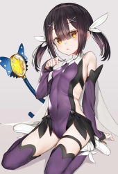 Rule 34 | 1girl, 1other, black hair, blunt bangs, breasts, detached sleeves, fate/grand order, fate/kaleid liner prisma illya, fate (series), feathers, grey background, hair between eyes, hair ornament, hairclip, highres, kaleidostick, leotard, looking at viewer, magical girl, magical sapphire, miyu edelfelt, nyatabe, orange eyes, purple leotard, purple thighhighs, simple background, sitting, small breasts, solo, thighhighs, wand, wariza