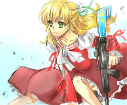 Rule 34 | 1girl, bad id, bad pixiv id, blonde hair, bow, claire bennett, dress, green eyes, gun, hair bow, half updo, ichiyume ichiyu, long hair, out of character, red dress, ribbon, sketch, solo, tales of (series), tales of rebirth, weapon