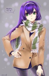 Rule 34 | 1girl, black pantyhose, breasts, brown coat, coat, contrapposto, cowboy shot, cyaca ab, fire emblem, fire emblem: radiant dawn, floating hair, frown, green eyes, green scarf, grey background, hair between eyes, hairband, hand on own hip, highres, long hair, long sleeves, medium breasts, mia (fire emblem), nintendo, pantyhose, purple hair, scarf, solo, standing, striped clothes, striped scarf, very long hair, white hairband