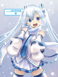 Rule 34 | 1girl, bare shoulders, blue eyes, blue hair, blue necktie, cowboy shot, detached sleeves, hair ornament, hatsune miku, headphones, headset, highres, light blue hair, long hair, looking at viewer, miniskirt, mittens, miyauchi yuusuke, necktie, open mouth, outdoors, outstretched arms, pleated skirt, scarf, shirt, skirt, sleeveless, sleeveless shirt, smile, snowing, solo, standing, thighhighs, translated, twintails, very long hair, vocaloid, white mittens, white scarf, white shirt, white skirt, white sleeves, white thighhighs, winter, yuki miku, yuki miku (2011), zettai ryouiki
