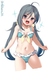 Rule 34 | 1girl, ahoge, bare arms, bare shoulders, bikini, blue bikini, blue hair, blush, breasts, collarbone, ebifurya, frilled bikini, frills, gluteal fold, grey eyes, grey hair, groin, highres, kantai collection, kiyoshimo (kancolle), long hair, looking at viewer, low twintails, navel, open mouth, simple background, small breasts, smile, solo, swimsuit, twintails, twitter username, very long hair, white background