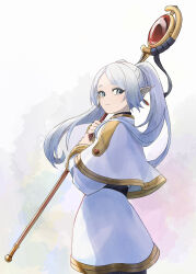 Rule 34 | 1girl, alternate eye color, capelet, commentary request, dangle earrings, dress, earrings, frieren, grey eyes, grey hair, highres, holding, holding staff, icebell (kourisuzuu), jewelry, long hair, looking at viewer, pantyhose, parted bangs, partial commentary, pointy ears, simple background, solo, sousou no frieren, staff, twintails, white background, white capelet, white dress