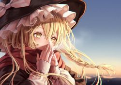 Rule 34 | 1girl, black coat, blonde hair, bow, braid, breath, coat, covering own mouth, day, eyebrows hidden by hair, eyelashes, face, fingernails, floating hair, frills, gradient sky, hair between eyes, hands up, hat, hat bow, highres, kirisame marisa, light blush, long hair, looking ahead, outdoors, red scarf, scarf, side braid, single braid, sky, sleeves past wrists, solo, torinari (dtvisu), touhou, white bow, winter clothes, witch hat, yellow eyes