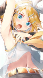 Rule 34 | 1girl, aqua eyes, arm up, armpits, belt, belt buckle, black sleeves, blonde hair, blush, buckle, commentary, daidou (demitasse), detached sleeves, from below, hair ornament, hairband, hairclip, headset, highres, kagamine rin, looking at viewer, looking down, navel, neckerchief, open mouth, ribbon, school uniform, serafuku, shirt, short hair, short sleeves, solo, stomach, swept bangs, treble clef, upper body, vocaloid, white hairband, white ribbon, white shirt, yellow neckerchief