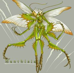 Rule 34 | 1girl, antennae, arthropod girl, arthropod limbs, breasts, bright pupils, carapace, claw mark, claws, closed mouth, colored skin, extra arms, full body, gradient hair, green skin, grey background, grey hair, grey wings, hair over one eye, hands up, highres, insect wings, looking at viewer, mantis girl, monster girl, multicolored hair, orange hair, original, red eyes, ringed eyes, sabuneko2645, short hair, simple background, small breasts, solo, twitter username, wings, yellow eyes, yellow pupils