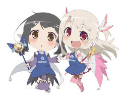 Rule 34 | 2girls, :d, animate (company), apron, bare shoulders, black hair, blonde hair, blue apron, blush, boots, brown eyes, cape, chibi, commentary request, detached sleeves, dress, elbow gloves, fate/kaleid liner prisma illya, fate (series), feather hair ornament, feathers, full body, gloves, hair ornament, hairclip, holding, holding wand, illyasviel von einzbern, kaleidostick, long hair, long sleeves, magical girl, magical ruby, magical sapphire, miyu edelfelt, multiple girls, official art, open mouth, pink dress, pink footwear, pink sleeves, prisma illya, purple sleeves, purple thighhighs, red eyes, simple background, smile, thigh boots, thighhighs, wand, weapon, white background, white cape, x hair ornament, zettai ryouiki