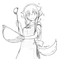 Rule 34 | 1girl, alternate costume, animal ears, apron, breasts, character name, greyscale, inubashiri momiji, looking at viewer, medium breasts, monochrome, short hair, signature, simple background, sketch, smile, solo, sparkle, tail, taurine 8000mg, touhou, white background, wolf ears, wolf tail