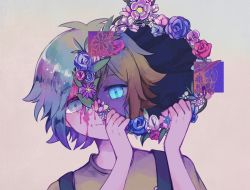 Rule 34 | 1boy, basil (faraway) (omori), basil (headspace) (omori), basil (omori), blonde hair, blood, blood on face, blue eyes, commentary request, flower wreath, glitch, green eyes, green hair, head wreath, head wreath removed, highres, looking at viewer, male focus, miyashita miro, omori, overalls, portrait, sad smile, shirt, short hair, simple background, smile, spoilers, white background, yellow shirt