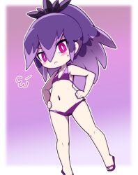 Rule 34 | 1girl, puff of air, bikini, blush, border, bright pupils, collarbone, frown, hair between eyes, hands on own hips, high ponytail, hyakkihime, long hair, multicolored hair, navel, nollety, pink eyes, purple background, purple bikini, purple hair, sandals, solo, sweatdrop, swimsuit, two-tone hair, white border, white pupils, youkai watch