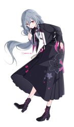 Rule 34 | 1girl, black footwear, black hanfu, black jacket, black shirt, black skirt, flower clothes, fu hua, fu hua (herrscher of sentience), grey hair, hair between eyes, hair ornament, hand on own hip, highres, honkai (series), honkai impact 3rd, jacket, long hair, looking at viewer, multicolored hair, official alternate costume, open clothes, open jacket, pointing, pointing at self, red eyes, shirt, simple background, skirt, smile, solo, standing, standing on one leg, streaked hair, twitter username, white background, white hair, yellow pupils, yuhuria 52
