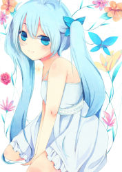 Rule 34 | 10s, ahoge, antenna hair, bad id, bad pixiv id, bare shoulders, blue eyes, blue hair, blush, bug, butterfly, denpa onna to seishun otoko, dress, flower, insect, long hair, sitting, solo, touwa erio, twintails, very long hair