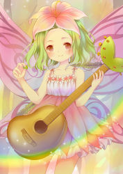 Rule 34 | 10s, 1girl, blush, brown eyes, butterfly wings, character request, dress, electric guitar, flower, flower on head, forehead, green hair, guitar, hair flower, hair ornament, highres, insect wings, instrument, komikko (alice), plectrum, rainbow, short hair, show by rock!!, smile, solo, sparkle, tanefurun (show by rock!!), wings