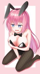 Rule 34 | 1girl, @ @, animal ears, bare arms, bare shoulders, between legs, black bow, black bowtie, black hairband, black leotard, black pantyhose, blue eyes, bocchi the rock!, bow, bowtie, breasts, cleavage, collar, commentary request, detached collar, fishnet pantyhose, fishnets, full body, gotoh hitori, hair between eyes, hairband, hand between legs, highres, large breasts, leotard, long hair, nenosame, no shoes, open mouth, pantyhose, pink background, pink hair, rabbit ears, sitting, solo, strapless, strapless leotard, two-tone background, very long hair, wariza, wavy mouth, white background, white collar