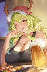 Rule 34 | 1girl, alcohol, baseball cap, beer, beer mug, black tank top, blonde hair, blush, breasts, cleavage, cup, dragon girl, dragon horns, elbow rest, foam, food, hair between eyes, hat, highres, horns, horns through headwear, kobayashi-san chi no maidragon, large breasts, long hair, lucoa (maidragon), mug, multicolored hair, one eye closed, open mouth, plate, pov across table, slit pupils, smile, solo, sweat, table, tank top, tomogy, upper body, wet, yakitori