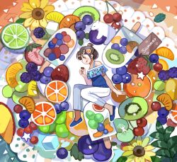Rule 34 | 1girl, bare shoulders, brown eyes, brown hair, cherry, closed mouth, flower, food, fruit, grapes, highres, kiwi (fruit), looking at viewer, mituhati, orange (fruit), original, smile, solo, sunflower, tongue, tongue out