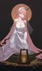 Rule 34 | 1girl, absurdres, breasts, candle, cleavage, closed eyes, closed mouth, dress, elbow gloves, gloves, hair behind ear, highres, hololive, hololive english, large breasts, long hair, mori calliope, pink hair, sitting, sleeveless, sleeveless dress, solo, starshell, veil, very long hair, virtual youtuber, white dress, white gloves
