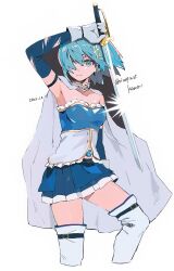 Rule 34 | 1girl, arm above head, armpits, bare shoulders, blue eyes, blue hair, blue sleeves, boots, breasts, cape, cropped legs, dated, detached sleeves, fortissimo, gloves, hair ornament, hair over one eye, highres, holding, holding weapon, kawa (ricopin35), light frown, looking at viewer, mahou shoujo madoka magica, mahou shoujo madoka magica (anime), medium breasts, miki sayaka, musical note, musical note hair ornament, saber (weapon), short hair, simple background, skirt, solo, soul gem, sword, thighhighs, twitter username, weapon, white background, white cape, white gloves, white thighhighs