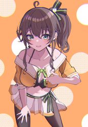 Rule 34 | 1girl, ahoge, alternate breast size, black camisole, black pantyhose, black ribbon, blue eyes, blush, breasts, brown hair, camisole, cat hair ornament, cleavage reach, commentary, crop top, cropped jacket, furrowed brow, hair between eyes, hair ornament, hair ribbon, halterneck, highres, hiyoko no ko, hololive, jacket, large breasts, looking at viewer, medium hair, miniskirt, natsuiro matsuri, natsuiro matsuri (1st costume), neck ribbon, off-shoulder jacket, off shoulder, open mouth, orange background, orange jacket, pantyhose, partially unbuttoned, pleated skirt, ribbon, short sleeves, side ponytail, side slit, skirt, solo, spaghetti strap, virtual youtuber, white skirt