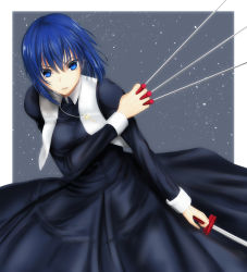 Rule 34 | 1girl, absurdres, between fingers, black dress, black keys (type-moon), blue eyes, blue hair, border, ciel (tsukihime), commentary request, cross, cross necklace, dress, dual wielding, habit, hair between eyes, highres, holding, holding weapon, jewelry, looking at viewer, necklace, nun, outside border, parted lips, partial commentary, short hair, solo, teeth, thirukin, traditional nun, tsukihime, tsukihime (remake), weapon, white border